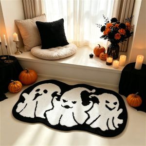 VIKAMA Three Funny Ghosts Wavy Irregular Rug Black White Soft Fluffy Non Slip Living Room Floor Mat Halloween Home Decor