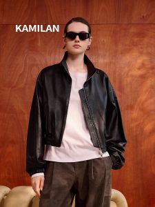 KAMILAN Womens Short Genuine Sheepskin Leather Jacket Motorcycle Suit Outerwear Street Style Zipper Loose Fit Long Sleeve