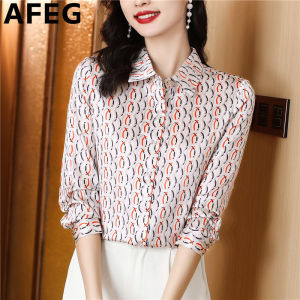 AFEG new Korean version of shirt collar fashion loose temperament real silk satin floral long-sleeved blouse for women