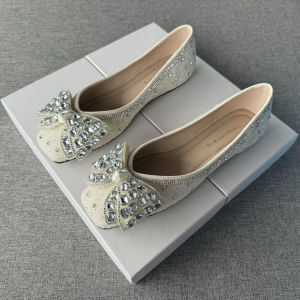 Comfortable Pointed Toe Flat Shoes Diamond Butterfly Knot Maids Dress Shoes Square Head Womens Slip-On Fashionable Casual Footwear