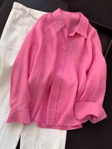 Womens 100% Flax Casual Loose Long Sleeve Shirt Sun Protection Top Pure Color Breathable Comfortable Autumn Fashion Blouse