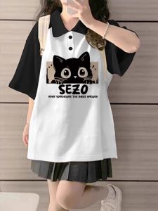 Womens Cotton Polo Shirt T-Shirt Summer New Loose Upper Body Middle School Students Sports plus Size with Collar Print Design