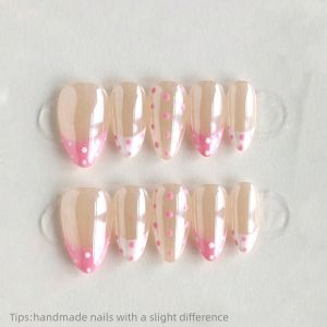 10pcs Handmade Pink Polka Dot French Press On Nails Almond Short Sweet Cute Fake Nails Nude Base Decor False Nail