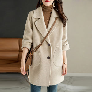 Pink Woolen Suit Coat Womens Style Autumn Winter 2024 New High-End Feelings Medium-Length Tailored Jacket Outerwear