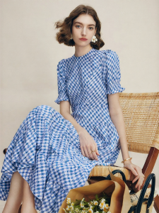 FAMANXUAN | Blue Gingham Waist-Cinching Summer Vacation Dress