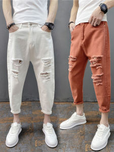 Mens Slim Fit Harlan Jeans 2024 New Style Big Hole Fashionable Korean Style Seven Feet Couples Trousers Breathable Summer Casual
