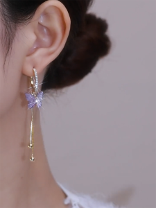 Ultra-Exclusive Purple Crystal Butterfly Tassel Stud Earrings for Women Unique Design Elegant Silver Needle Studs Light Luxury Jewelry