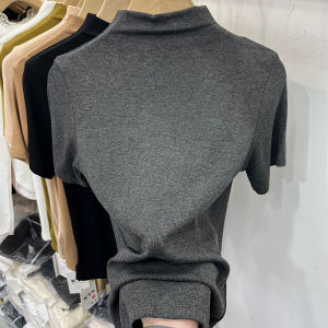 Elegant Solid Color Half High Neck Ribbed Five-Quarter Sleeve T-Shirt Womens Spring New Style Fashionable Base Layer Shirt Top