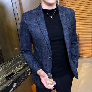 Britishs Style Vintage Plaid Blazer Men Casual Slim Fit Suit Jacket Single Button Business Social Blazer Jacket
