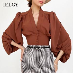 IELGY European and American fashion V-neck slim fit long sleeves French style breathable waist court style shirt
