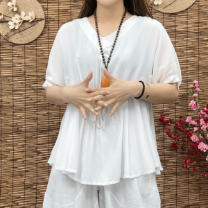 French Anti-Aging Solid Color Chiffon Shirt Summer New Design High-End Short Sleeve Womens T-Shirt Blouse V-neck Regular-length