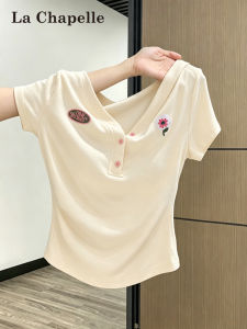 La Chapelle | Embroidery V-Neck Plunge Button Design Short Slim T-Shirt