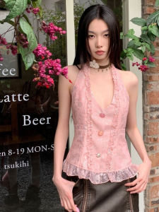 American Style Millennium Sweet Hot Girl Top Chest Strap Vest Women Summer Dopaamine Vintage Y2K Retro Hanging Neck Vest