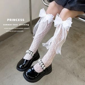 Summer Breathable Thin Sock Little Girl Knee Fishnet Lace Ruffle Bow Princess Middle Cylinder Socks Fashion Lace Cute Kids Socks