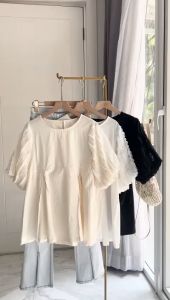 ●ECLAIRE● 043 Blouse Katun kombinasi Lace shortsleeves lengan pendek puff Kasual Basic Polos Korea Modis Trendy Mode Import Premium 8980