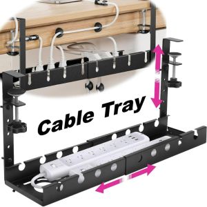 ถาดใต้โต๊ะลวดสำหรับจัดการไม่เจาะเราเตอร์สำนักงานบ้านมีที่เก็บสายเคเบิลแบบยืดหดได้สายรับส่งข้อมูลชั้นวางของโลหะ