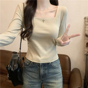 เสื้อยืดคอกว้างแขนยาวผ้าฝ้ายทรงสลิมฟิตสำหรับผู้หญิง ฤดูใบไม้ผลิและฤดูใบไม้ร่วง ดีไซน์ไฮเอนด์ เสื้อตัวบนสั้น คอลเลกชั่นฤดูใบไม้ผลิ 2025