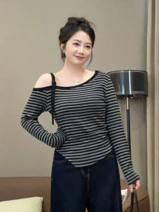 Áo Thun Nữ Cỡ Lớn Phong Cách Hàn Quốc Sọc Không Đều Ôm Vừa Vặn Tay Dài Cổ Đứng Thường Ngày Mùa Thu
