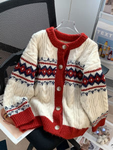 Áo Khoác Len Cardigan Dáng Rộng Màu Đỏ Cổ Tròn Dài Tay Mùa Thu Đông Cho Nữ Áo Khoác Ngoài Phong Cách Retro Mùa Lễ Hội