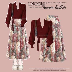 NUMEN BUTTON | Plus Size Elegant Maturity V-Neck Knitted Sweater & High Waist Slimming Floral Skirt Set