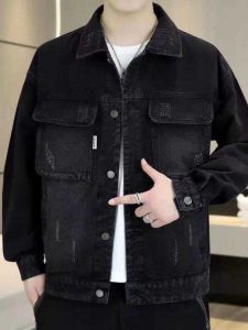 Áo Khoác Denim Nam Thu Đông 2024 Mới Màu Trơn Phong Cách Mỹ Giặt Nhẹ Thời Trang Thương Hiệu Cổ Bẻ Học Sinh Áo Khoác Ngoài