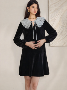 Roey s house | Elegant Velvet Black Splice Peter Pan Collar Dress