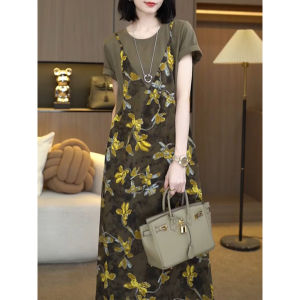 Shalldoer | Retro Preppy Loose Fit Summer Dress Womens Fashion Patchwork Strap High Waist Midi Skirt Casual Style Short Sleeve A-Line Dress