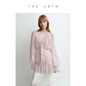 Silk Flower Shoulder V-Neck Drawstring Pleated Dress