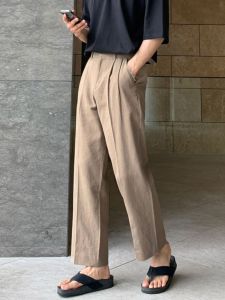 Summer Cotton Linen Thin Breathable Mens Loose Wide Leg Casual Pants Straight Leg Long Trousers Korean Style East Gate Trend