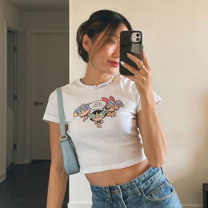 Adorable American Design Short round Neck T-Shirt Pure Cotton Cartoon Print Flying Girl Police Uniform Style Korean Fit Summer Top