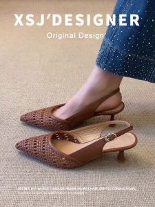 Soft Leather Pointed Heel French Style Braided Summer Sandals