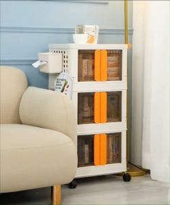 รถเข็นเก็บของ พับเก็บได้พร้อมล้อเลื่อน+ที่จับ มีบานเปิด-ปิด มองเห็นด้านใน แถมกล่องใส่ของและตะขอเกี่ยว