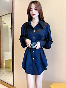 ชุดเดรสคอโปโลแขนยาวสไตล์เกาหลีทรงหลวมเข้ารูปสำหรับผู้หญิง ฤดูใบไม้ร่วง 2025 ชุดทำงานสุดเก๋ไก๋ กระโปรงทรงเอ กระโปรงทรงเอ