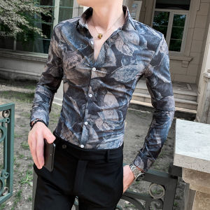 Slim Fit Long Sleeve Mens Shirt Spring Autumn High End Fashion Floral Print Hairstylist Recommended Trendy Korean Style