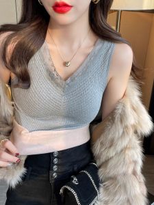 chaqi | Áo thun lót lông cừu dày cho nữ mùa đông mới chống lạnh ấm áp dài tay ren áo lót dài tay áo thun cổ tròn