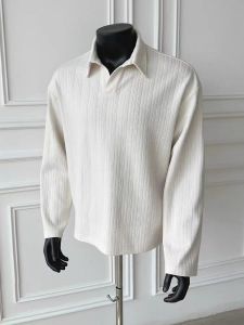 Classic V-Neck Polo Shirt Mens Long Sleeve Striped Preppy Style Autumn Fashion Casual Wear CleanFit Trendy Upper Apparel