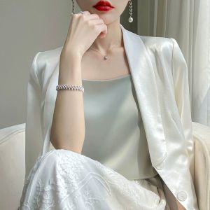 Áo Sơ Mi Lụa Trắng Mùa Hè Dành Cho Nữ Áo Sơ Mi Lụa Acetate Một Hàng Khuy Cổ Chữ V Không Tay Áo Sơ Mi Lụi Satin Màu Trơn