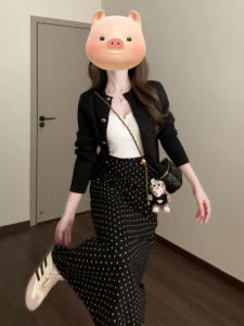 Elegant Black French Style Long Dress Set Womens Autumn Winter Design Inner Wear Skirt Ensemble Standard Fit Date Outfit