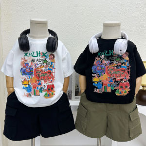 Boys Fashionable Short Sleeve T-Shirt Thin Print Half Sleeve Summer Top for Younger Children Cartoon Print Casual Loose Fit