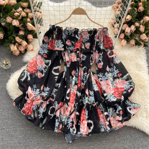 Vacation Style One Piece Dress Women Summer Shoulder Bared Bubble Sleeve Slim Short Length Chiffon Print Dress Pants Trendy