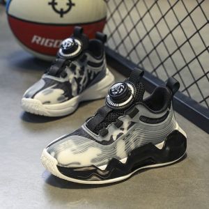 Giày Thể Thao Da Mùa Thu Cho Trẻ Em Giày Bóng Rổ Nam Trẻ Lớn Nút Xoay Mới 2025 Giày Thể Thao Thường Ngày Chống Mài Mòn