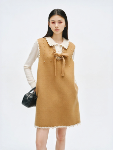 Sleeveless Wool Blend Double-Sided Cloth Dress with Bow and Scallop Decoration 26 percent wool