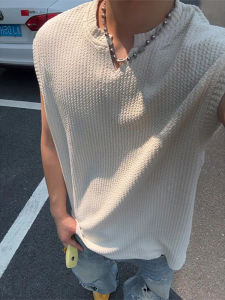 เสื้อยืดแขนกุดคอวีผ้าไหมน้ำแข็งสไตล์อเมริกันสำหรับผู้ชาย ทรงหลวม แฟชั่นฤดูร้อน เสื้อกล้ามออกกำลังกาย เสื้อผ้าออกกำลังกาย ทรงหลวม ทรงปกติ