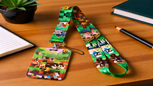 Mine-craft-Inspired Pixel Lanyard with ID Card Holder | Double-Sided Print Neck Keychain with Hard Card Sleeve