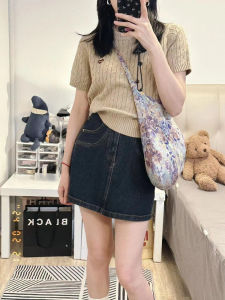 Deep Blue Denim Mini Skirt Womens High Waist Cover Hip A-Line Half Body Summer plus Size Pear Shaped Small Stature