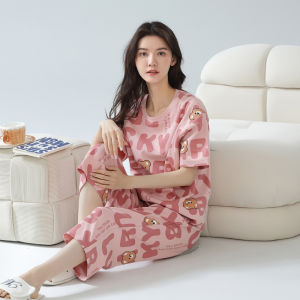 MiiOW | Pure Cotton Short Sleeve Sleepwear Set With Chest Pad Womens Casual Lightweight Summer Home Clothes Can Be Worn Outside