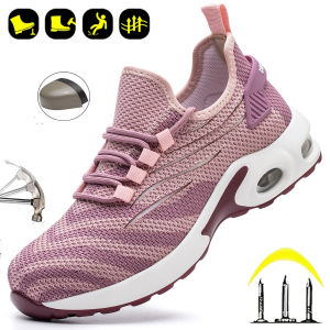 Pink Ladies Steel Toe Safety Shoes Anti Crush Breathable Air Cushioned Womens Work Shoes Fashionable Upgraded Design