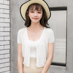 Summer Coat Ice Silk Small Waistcoat Summer Shawl Thin V-neck White Short-Sleeve Top Summer Knitwear Cardigan