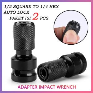 Adaptor Impact Wrench 2 PCS Adapter Bor 1/2 SQUARE TO 1/4 HEX AUTO LOCK Bit Socket Adapter
