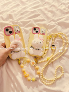 Cute Miffy Rabbit Silicone Phone Case for 16ProMax Womens Style 3D Cartoon Creative Chain Design Mobile Phone Cover